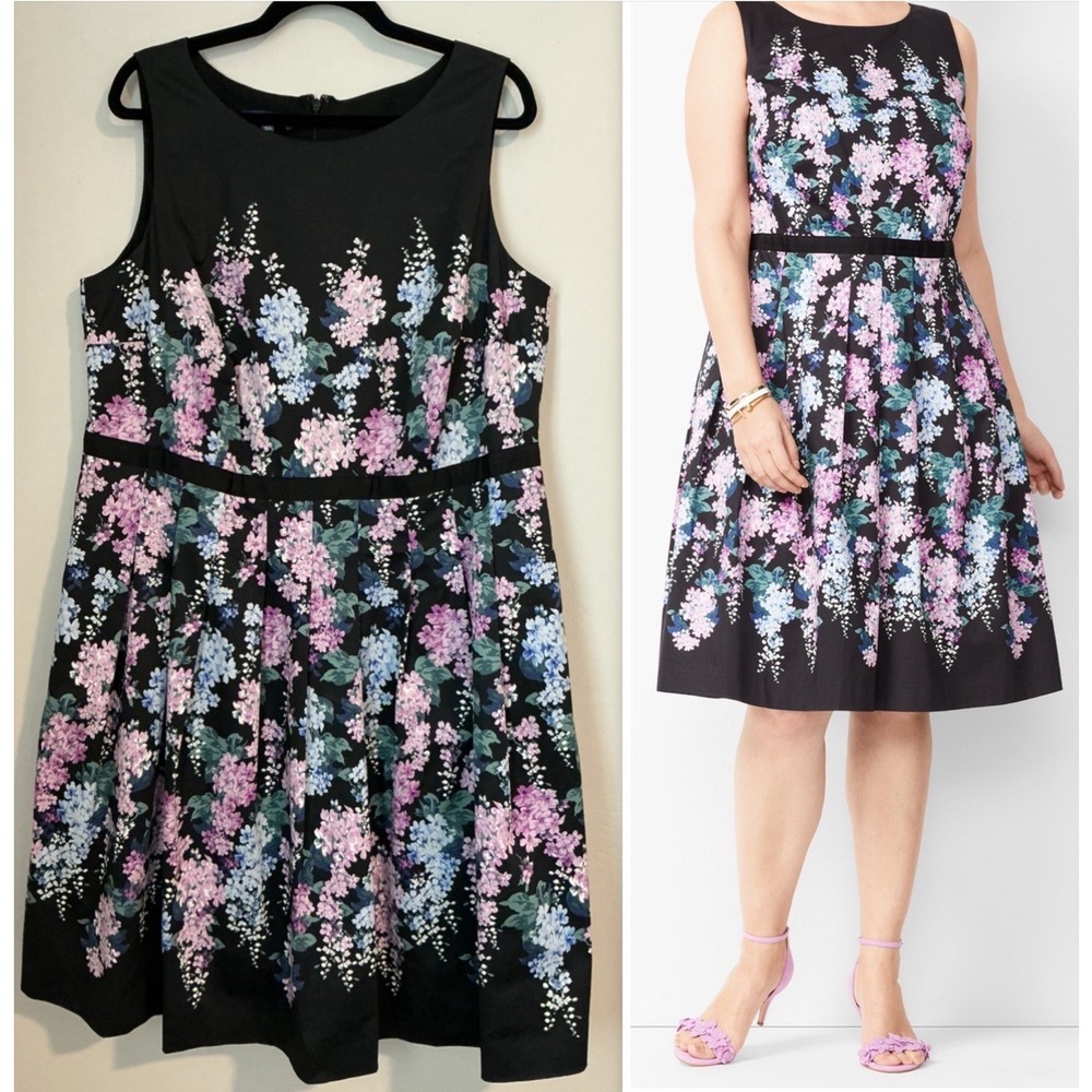 TALBOTS RSVP $149 Floral Black Pleated Lined Cotton Fit-n-Flare Dress Sz 14W